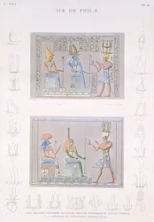Farvede basisrelieffer skulptureret på det store tempels portik med detaljer om symbolerne, øen Philae, plade 16 fra bind I af 
